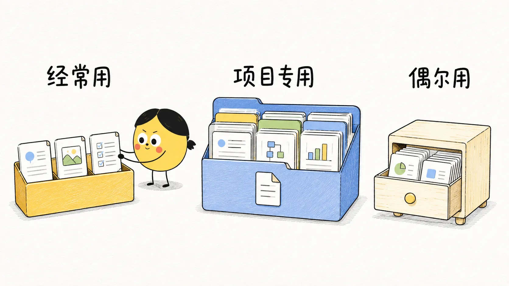 三种 Skill 的放置方式：经常用、项目专用、偶尔用
