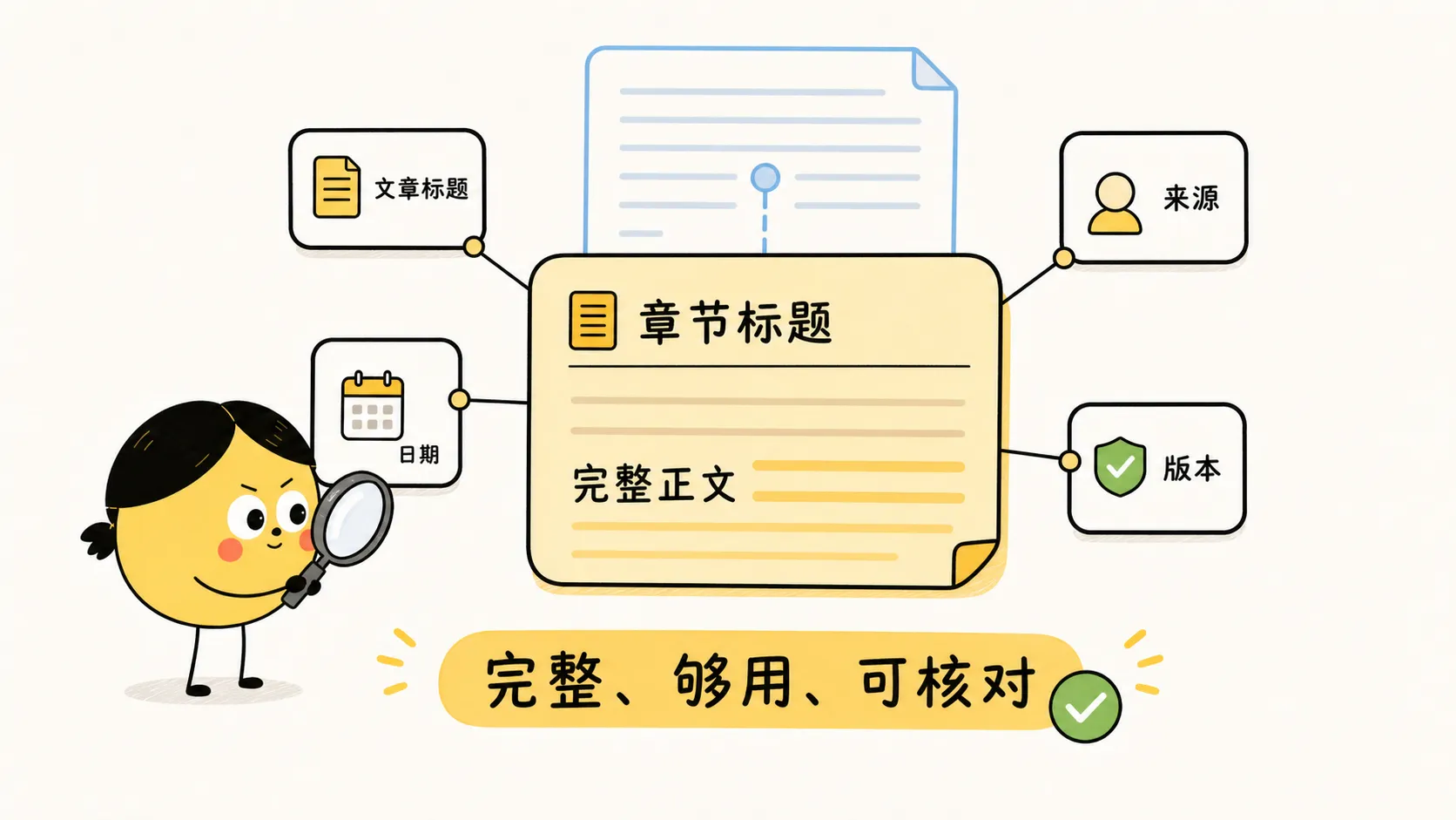 每个切片都要携带标题、来源、日期、版本和原文位置等身份信息