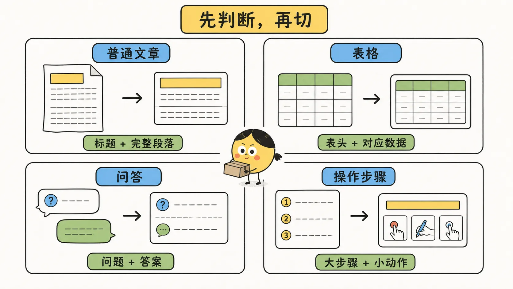 普通文章、表格、问答和操作步骤分别采用不同拆分方法