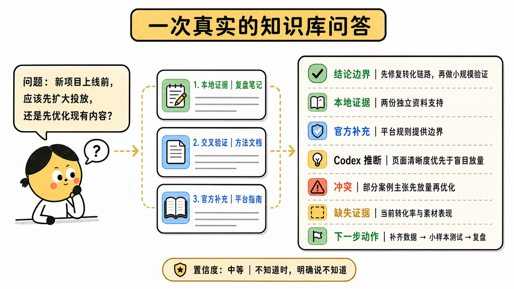 知识库问答结构展示：从多份资料找到证据，再给出结论、来源、冲突和缺口