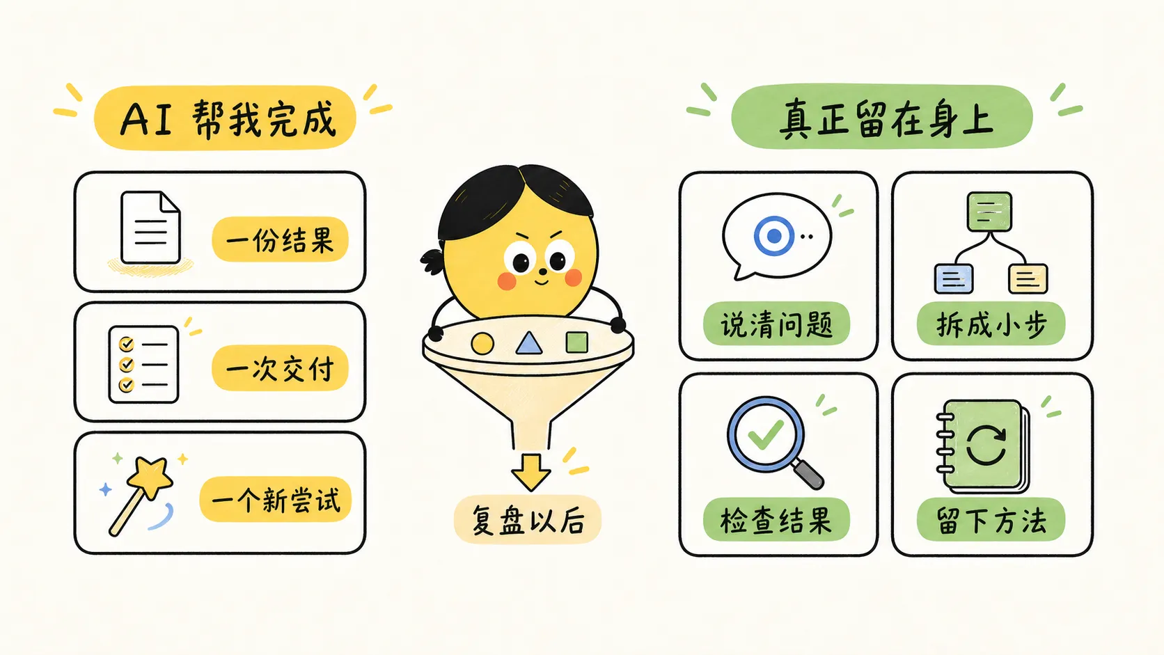 AI 帮我完成结果，复盘后留下说清问题、拆成小步、检查结果和沉淀方法的能力