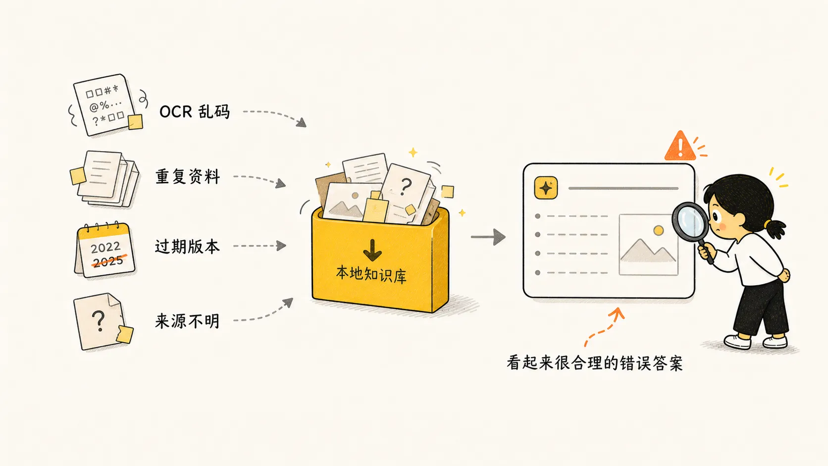 混乱资料进入知识库后，AI 可能根据噪音生成错误答案